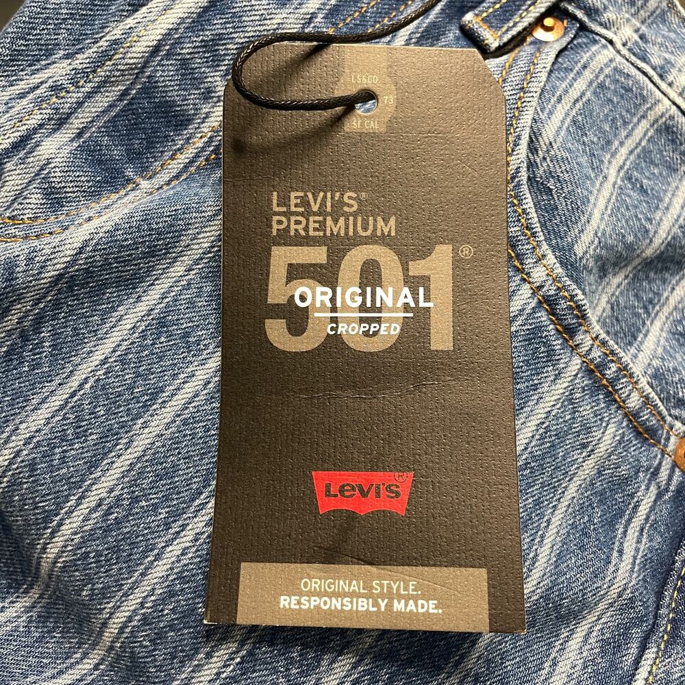 Levi's Jeans 501 Womens 24 Cropped Straight Leg Blue Striped Button Fly NWT - Picture 7 of 9